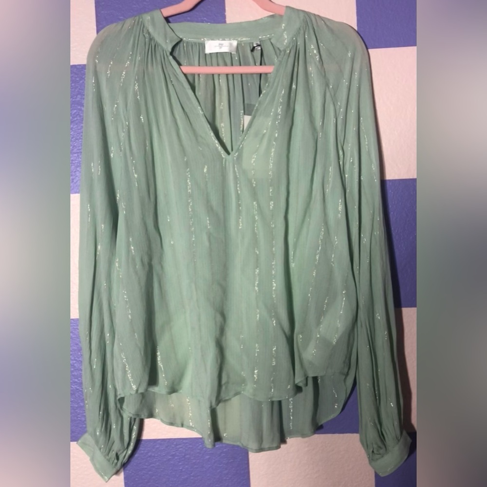 NWT 7 For All Mankind Mint Green Lightweight Blouse w Silver Metallic - Size XS